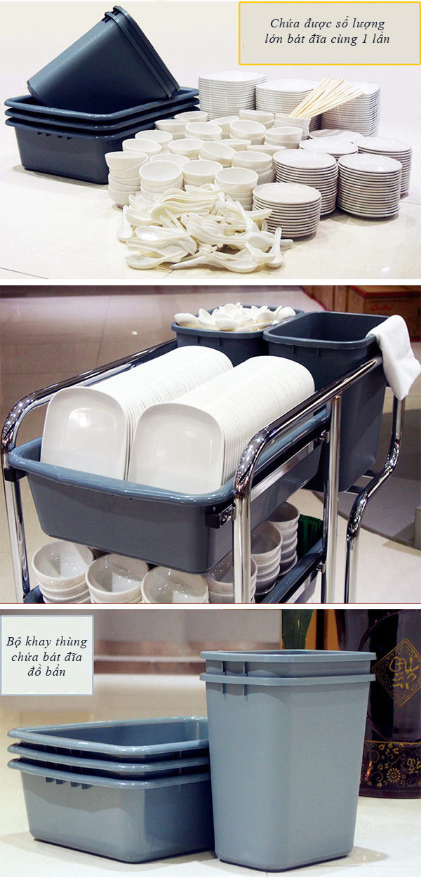 Khay nhựa xe thu gom bát đĩa thích hợp sử dụng trên xe dọn bàn nhà hàng